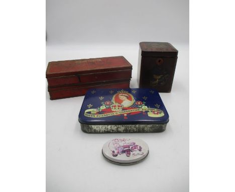 A lacquered tea caddy with inscription "Good as gold tea", two Elastoplast, Medical and factory Outfit tins and a Queen Eliza