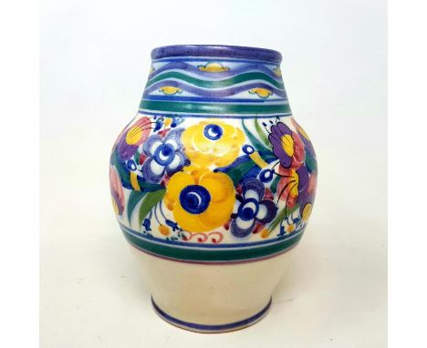 A Poole Carter Stabler Adams vase, horizontal bands of floral decoration, impressed mark to base, artist mark, YO, 23 cm high