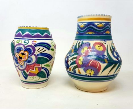 A Poole pottery vase, horizontal bands of floral decoration, impressed mark to base, 20 cm high and another, 17 cm high (2)