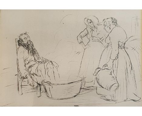 After Edmund Blampied, The Sick Man, lithograph, 15 x 24 cm and a  print of founder of St Clare college (2)

 