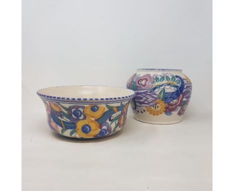 A Poole Carter Stabler Adams bowl, 23 cm diameter and four pieces of Poole, all cracked, and an 18th century style bottle (bo