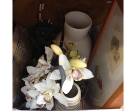 BOX OF VASES, PRINT ETC.    T