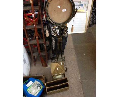 A MIRROR STAND, CANDLE LANTERN AND BRASS BOUND MAGAZINE RACK