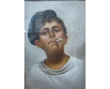 A late 19th/early 20th century,( Continental School), half portrait of a young street urchin, oil on canvas, indistinctly sig