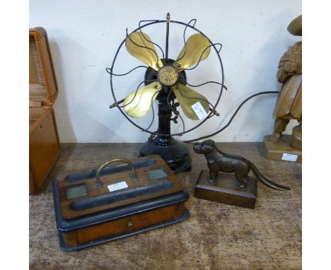 A B &amp; Y vintage fan, a dog nutcracker and a walnut pen and ink stand 