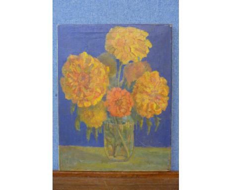 Post Impressionist School, still life of flowers in vase, oil on canvas, unsigned, unframed 