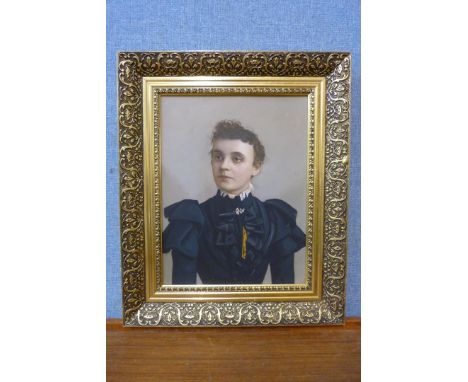 A half portrait of a Victorian lady, overpainted, print, framed 
