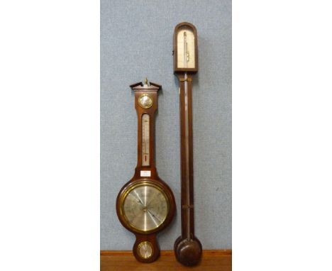 A mahogany aneroid banjo barometer and a stick barometer 