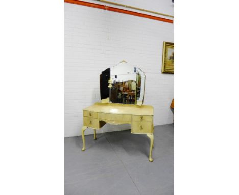 A vintage light wood shabby chic dressing table on cabriole legs, 160cm x 120cm 