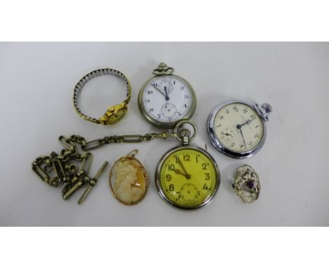 A mixed lot to include gold plated cameo brooch, three Epns cased pocket watches, ladies Timex wristwatch and a costume brooc
