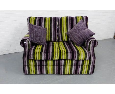 A contemporary John Lewis purple and green striped fabric two seater sofa, complete with scatter cushions 