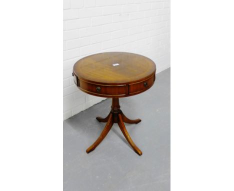 Reproduction mahogany drum table on column support and quadripite base, 52cm diameter x 60cm high