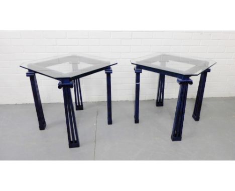 A pair of contemporary glass topped and painted blue metal lamp tables (2), 62cm x 62cm