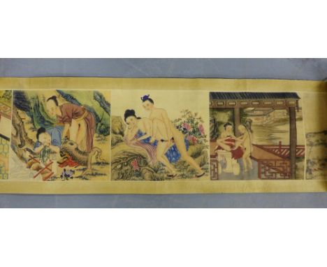 Chinese erotic scroll depicting nine panels in watercolour 265cm x 25cm 