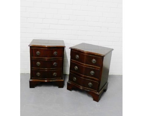 A pair of mahogany serpentine fronted bedside chests fitted three long drawers raised on bracket feet (2), 60 x 45cm 
