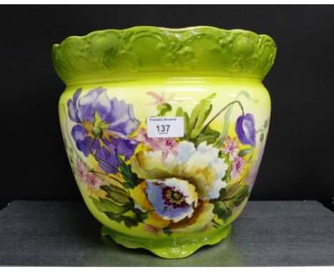 A Bonn pottery planter of large proportions painted with irises and spring flowers