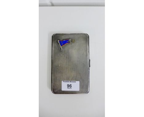 A George VI silver cigarette case with Art Deco engine turned decoration and an enameled Shipping flag emblem for the Currie 