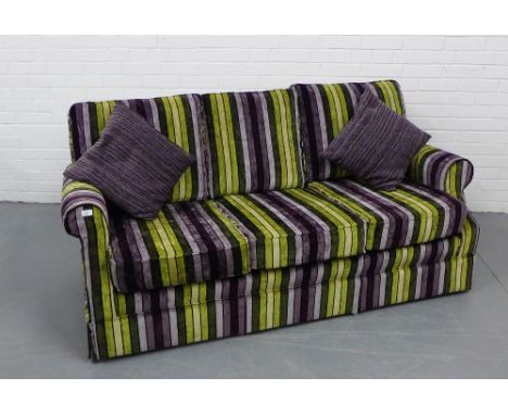 A contemporary John Lewis purple and green striped fabric three seater sofa, complete with scatter cushions 