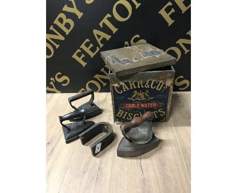 SHOE LAST, VINTAGE IRONS, CARRS BISCUITS TIN