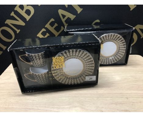 2 BOXED SETS OF BIBA 2 CUPS & 2 SAUCERS WITH GOLD DETAILING