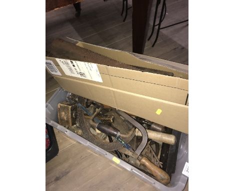 LARGE BOX OF OLD TOOLS & SAWS