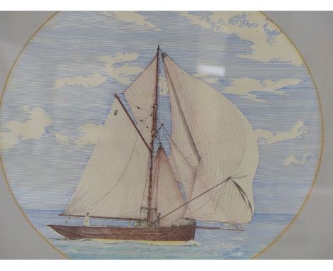 R. MAXWELL. (20TH CENTURY). A GAFF RIGGED CUTTER. DRAUGHTSMANS PEN AND INK. SIGNED L/R DATED 1983. 33cm TONDO.