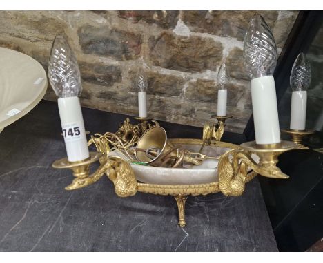 A EMPIRE STYLE SIX LIGHT CHANDELIER, EACH CANDLE SOCKET SUPPORTED ON A SWANS HEAD AND ENCIRCLING AN ALABASTER BOWL.&nbsp; &nb