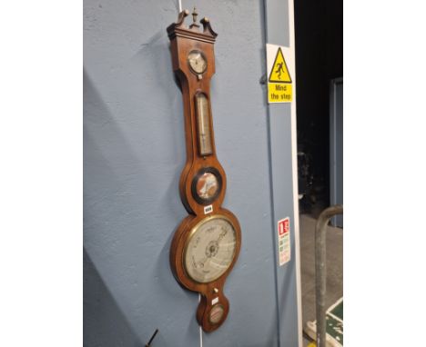 A 19th C. LINE INLAID MAHOGANY BANJO BAROMETER WITH A MERCURY THERMOMETER ABOVE A MIRRORED CONVEX GLASS, THE DIAL AND A SPIRI