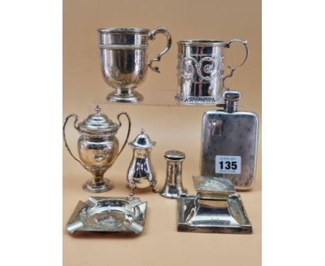 MISCELLANEOUS 20th C. HALLMARKED SILVER, TO INCLUDE A HIP FLASK, CHESTER 1937, A CHRISTENING MUG, LONDON 1909, ANOTHER. LONDO