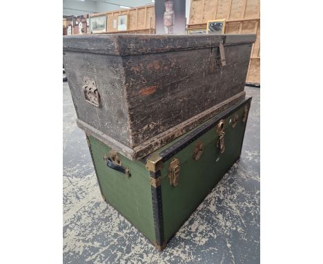 A VICTORIAN PINE BLANKET BOX AND A LARGE CABIN TRUNK