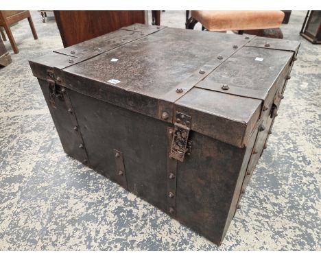 A BLACK METAL STRONG BOX OR TRUNK