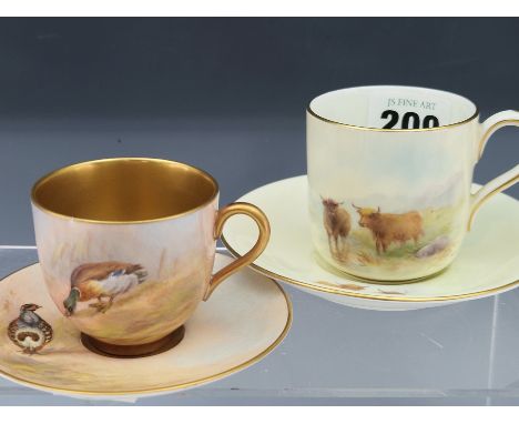 TWO ROYAL WORCESTER COFFEE CUPS AND SAUCERS, ONE PAINTED WITH CATTLE BY STINTON 1933 AND THE OTHER WITH A PARTRIDGE AND A MAL
