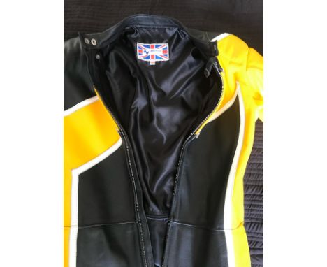 VINTAGE MIKE WILLIS MW LEATHERS. MOTORCYCLE RACING ONE PIECE SUIT YELLOW WHITE AND BLACK. VIRTUALLY UNWORN CONDITION