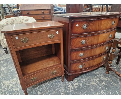 A MODERN MAHOGANY BOW FRONT CHESTR OF FLOUR DRAWERS TOGETHER WITH A BURR WALNUT BEDSIDE CHEST WITH INCURVED DRAWERS ABOVE AND