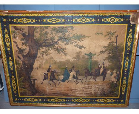 A 19TH CENTURY FRENCH LITHOGRAPH OF EQUESTRIANS ON THE ROAD NEAR PARIS, SOME HAND COLOURING, LAID ON TO CANVAS, HAND PAINTED 