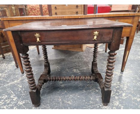 AN 18th C. OAK SIDE TABLE WITH A SINGLE DRAWER ABOVE THE RING AND BOBBIN TURNED LEGS.   W 77 x 52 x H 72cms.
