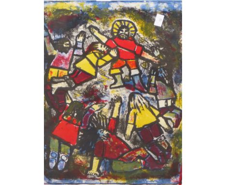 CIRCLE OF JOHN PIPER, FIGURES SUPPLICATING TO A CHRIST LIKE FIGURE, BEARS SIGNATURE IN PENCIL, LITHOGRAPH, 37 x 45cms.