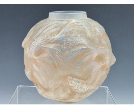 A LALIQUE FORMOSE PATTERN SPHERICAL VASE, THE FISH AGAINST A PALE BROWN GROUND, ENGRAVED R LALIQUE MARK.   H 18cms.