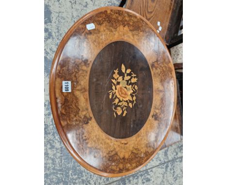 A VICTORIAN WALNUT AND INLAID OVAL TOP TRIPOD OCCASIONAL TABLE.