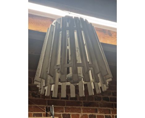 A THREE SOCKET CEILING LIGHT SHADED BY BATONS OF WHITE PAINTED WOOD COOPERED BY TWO METAL BANDS AND FLARING FROM THE TOP TO T
