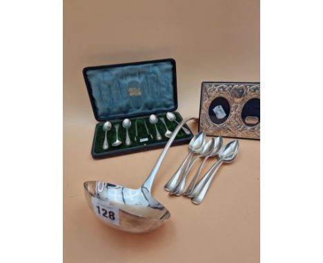 A CASED SET OF SIX SILVER COFFEE SPOONS WITH SUGAR TONGS, SHEFFIELD 1911, A SET OF SIX GRAPEFRUIT SPOONS, SHEFFIELD 1933, A S