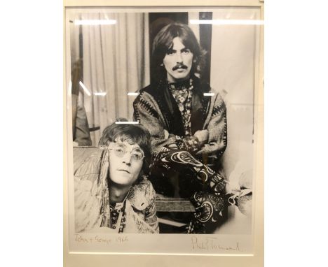 PHILIP TOWNSEND SIGNED PHOTOGRAPHIC PRINT OF JOHN LENNON &amp; GEORGE HARRISON 1966, 26 x 34 CM, FRAMED.