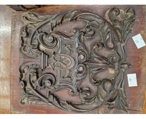 A PAIR OF SMALL 19TH CENTURY MAHOGANY WALL BRACKETS, A CARVED PANEL, A TEA CADDY AND OTHER ELEMENTS.