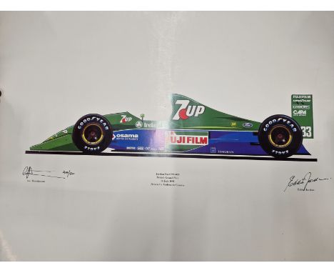JORDAN FORMULA 1 RACING 1991 PRINT SIGNED BY EDDIE JORDAN AND THE ARTIST IAN HUTCHINSON . LTD EDITION 414/500 AND A FURTHER U