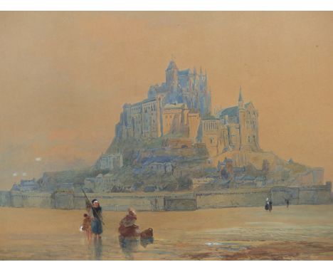 VICTOR DE WALSH-JACKSON (LATE 19TH CENTURY), ST MICHAEL'S MOUNT, CORNWALL, WITH FIGURES ON THE SHORELINE AT LOW TIDE, SIGNED 