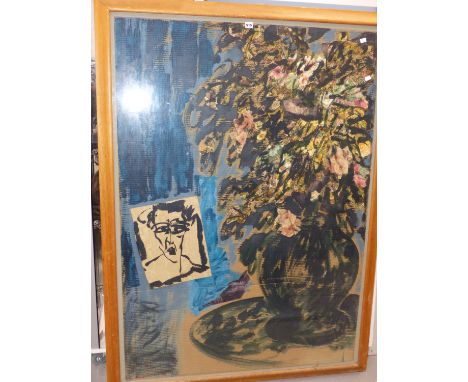 MARK (MARCUS) REICHERT (B.1948- 2022) ARR. BOUQUET WITH PORTRAIT AND SATIN CURTAINS 1984, OIL AND TORN WALLPAPER, ABSTRACT MI