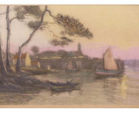 A COLOUR LITHOGRAPH OF CONCARNEAU AFTER J. MARCELIN, TOGETHER WITH A BATIQUE OF A HOUSE SIGNED S. KENO. (2)