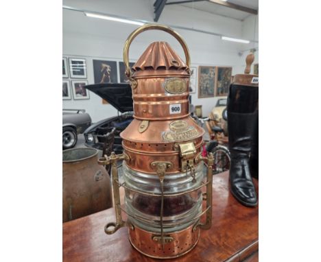 A LORD LINE HULL FISHING VESSEL GLAZED COPPER LIGHT LABELLED NOT UNDER COMMAND FOR AN UNMANNED OR MOORED VESSEL