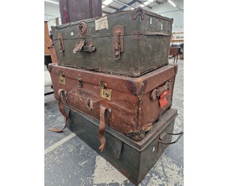 A GREEN AND A BLACK METAL TRUNK TOGETHER WITH A BROWN CANVAS COVERED TRUNK