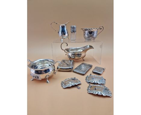 A SILVER TWO HANDLED SUGAR AND MATCHING BALUSTER JUG BY JOSEPH GLOSTER, BIRMINGHAM 1908 AND 1906 RESPECTIVELY, ANOTHER CREAM 
